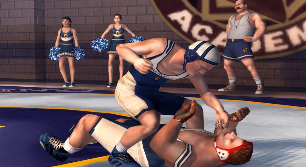 Bully protagonist Jimmy Hopkins wins a wrestling match.