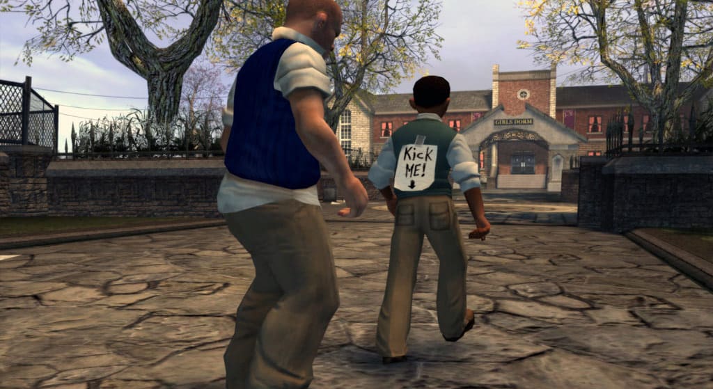 Jimmy Hopkins puts a Kick Me sign on another student in Bully.