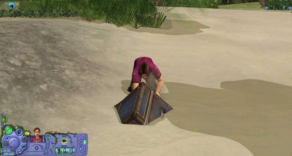 An in-game screenshot from The Sims Castaway Stories.