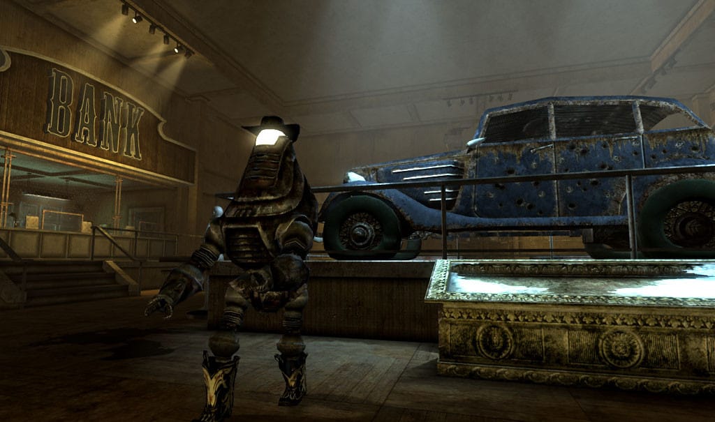 A securitron in a cowboy hat standing in front of a car on a casino floor in Fallout: New Vegas