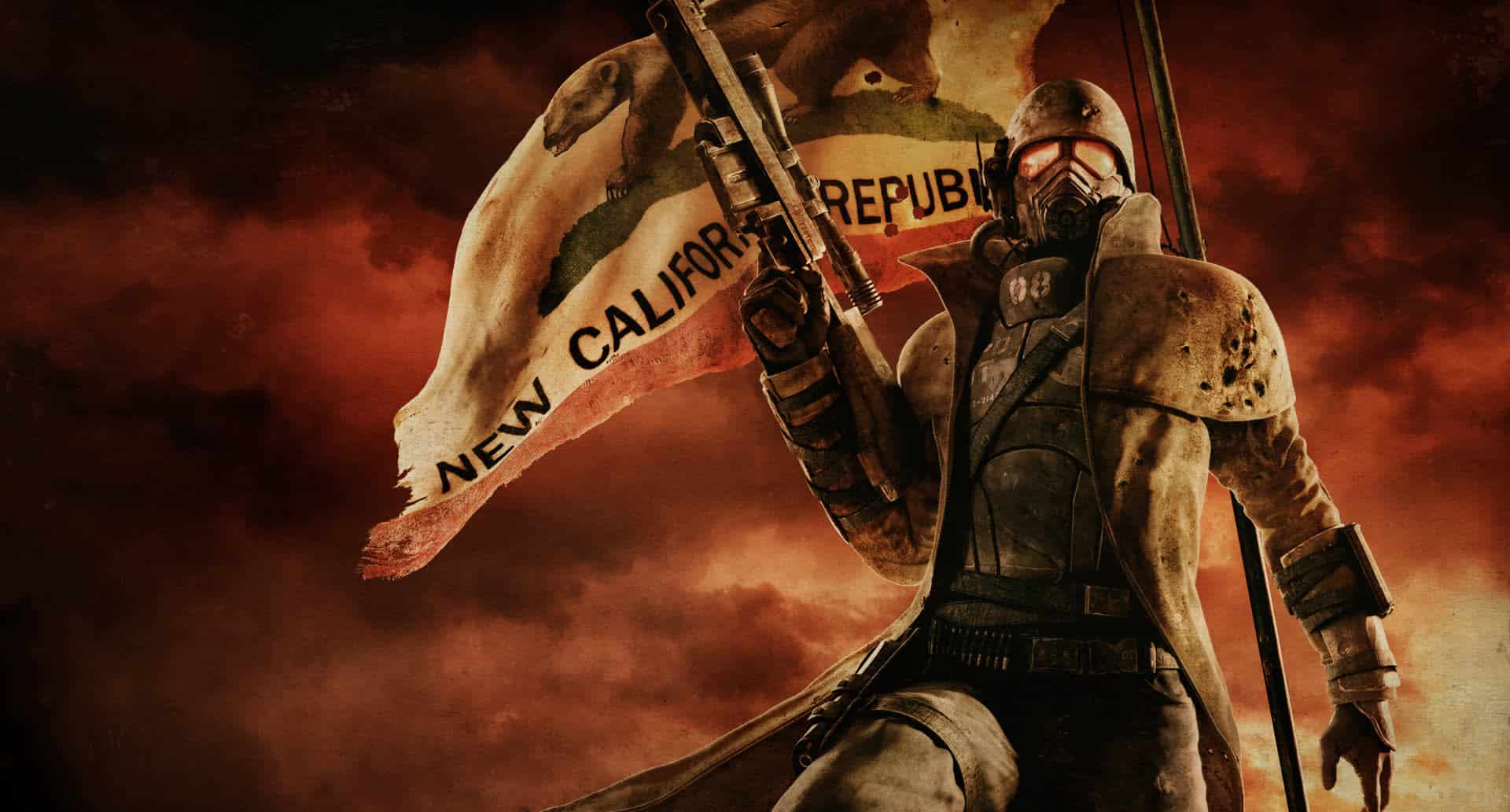 An NCR ranger stands in front of the New California Flag in Fallout New Vegas