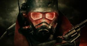 A promotional image of a character in NCR Ranger armor from Fallout: New Vegas