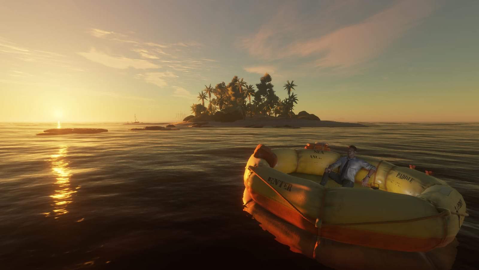 Screenshot of the Stranded Deep game. In the foreground, a man in a white shirt and tie lies in an inflatable life raft. The sun sets in the background, highlighting a small tropical island full of palm trees.