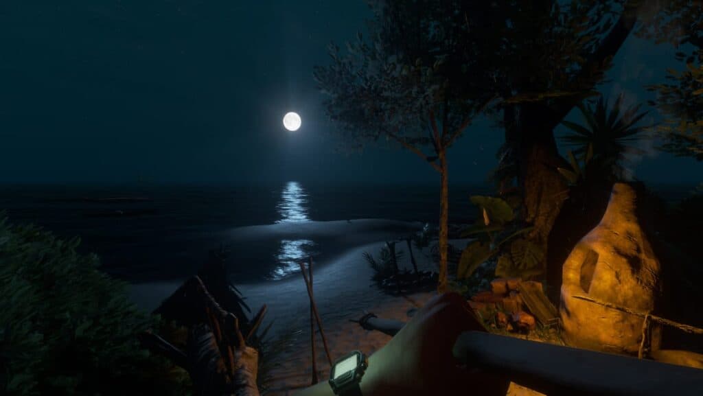 Screenshot of the game Stranded Deep. It's night in the game, and a full moon hangs over the sandy shore. In the foreground, the player character's arm is visible in the firelight.