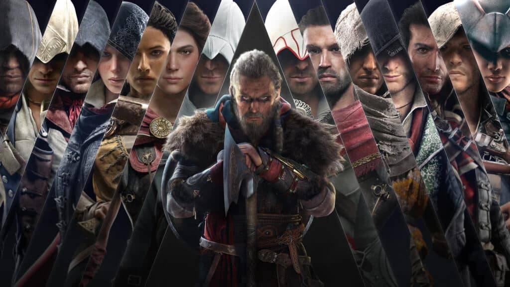 A Ubisoft promotional image for the Assassin's Creed franchise, including Assassin's Creed Odyssey.