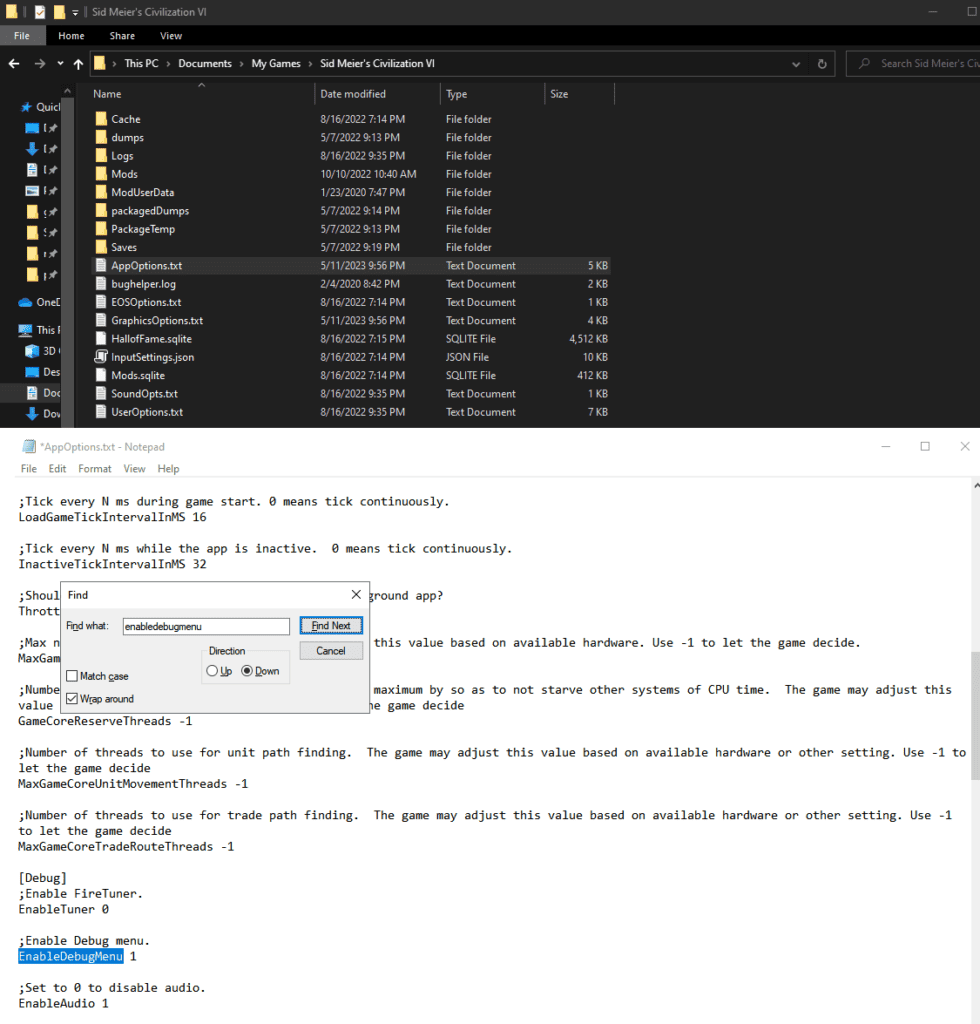 Screenshot showing how to enable cheats in Sid Meier’s Civilization VI.