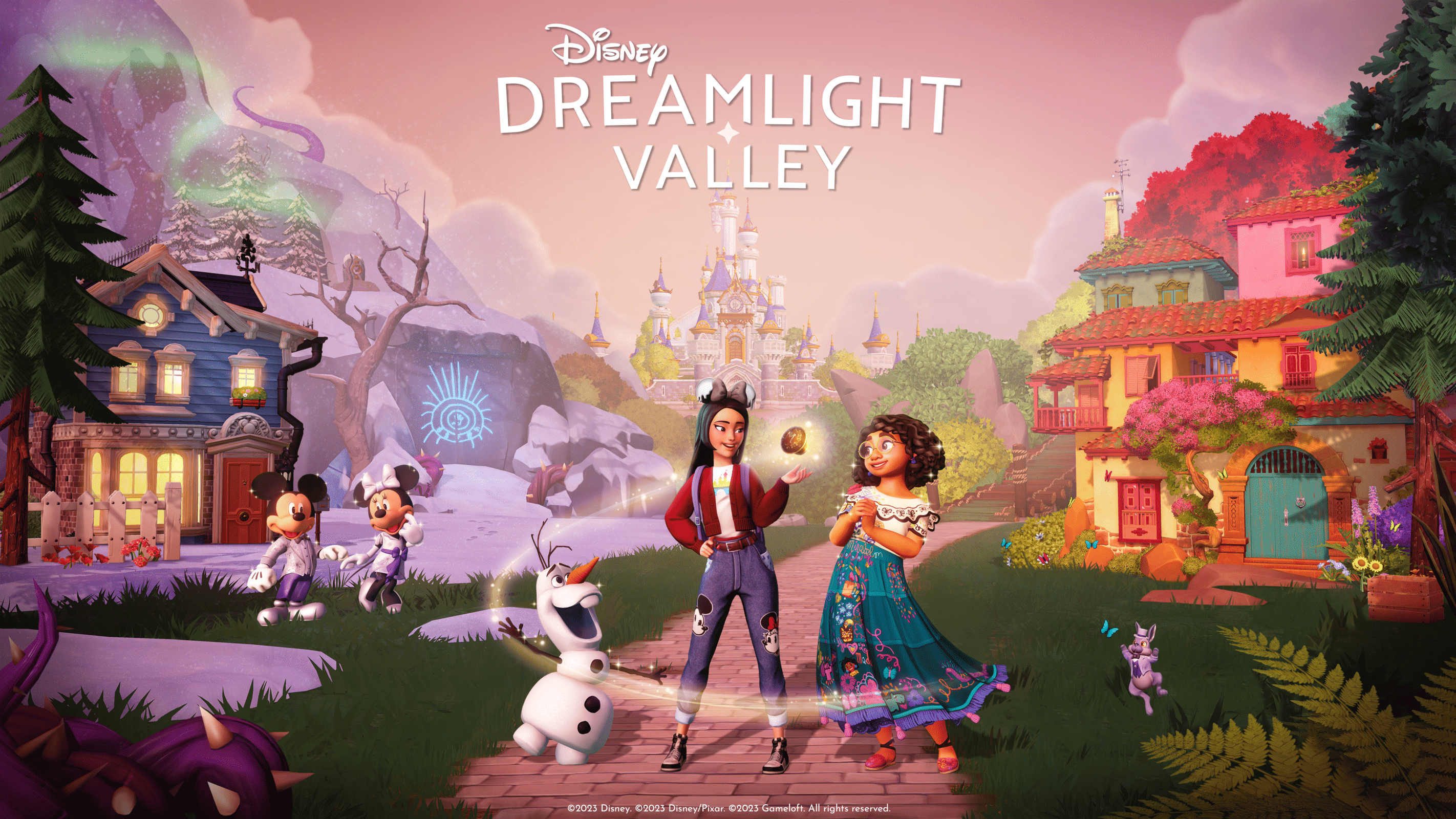 Promotional artwork for Disney Dreamlight Valley. The player character (a woman with blue hair and a red jacket) holds the doorknob from Encanto's casita. Mirabel, Olaf, and Mickey and Minnie stand around her.