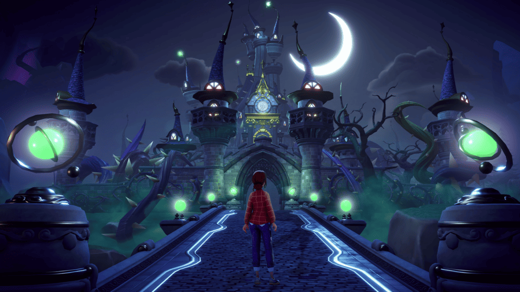 Promotional screenshot from Disney Dreamlight Valley. The player stands on a cobblestone bridge facing a tower surrounded by thorns.