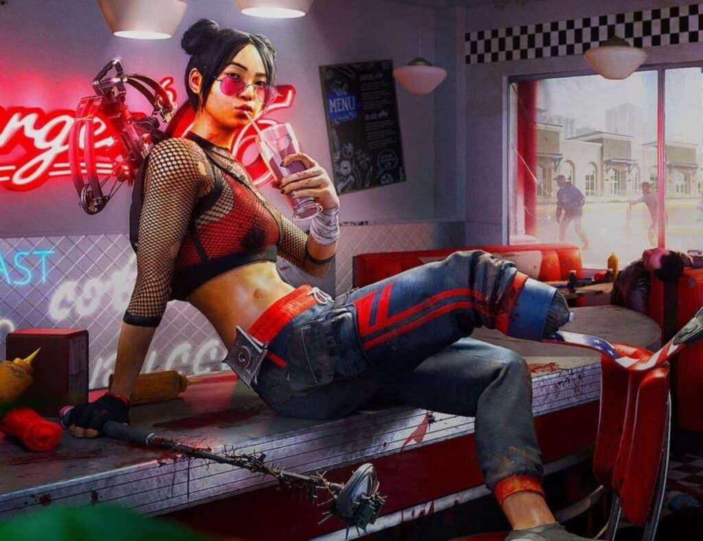 Women sits on a blood stained counter sipping a drink with a homemade weapon