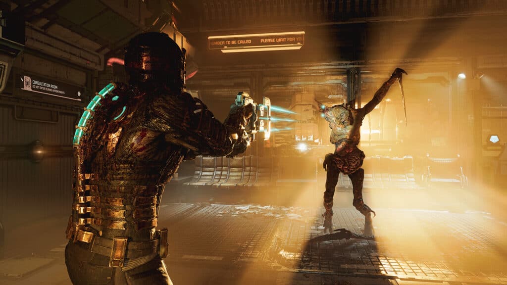 Isaac shoots energy beams at a necromorph in Dead Space.