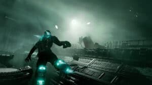 Isaac floatings through ship wreckage in Dead Space.