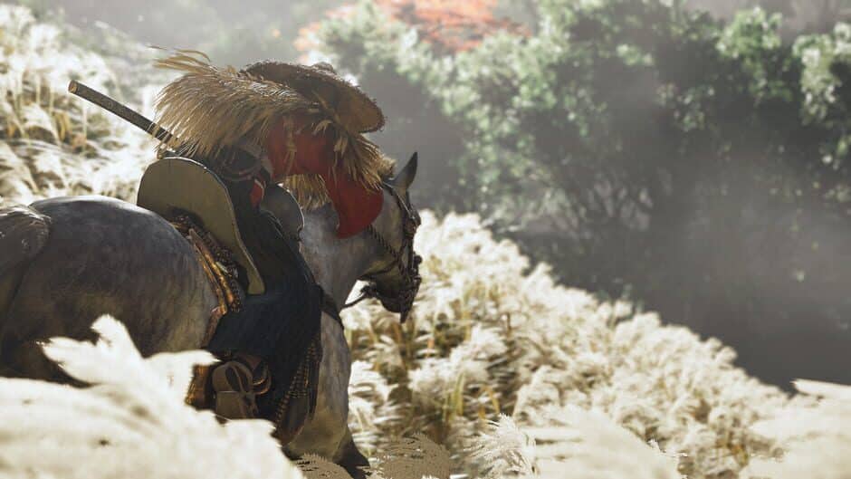 The protagonist riding a horse in Ghost of Tsushima.