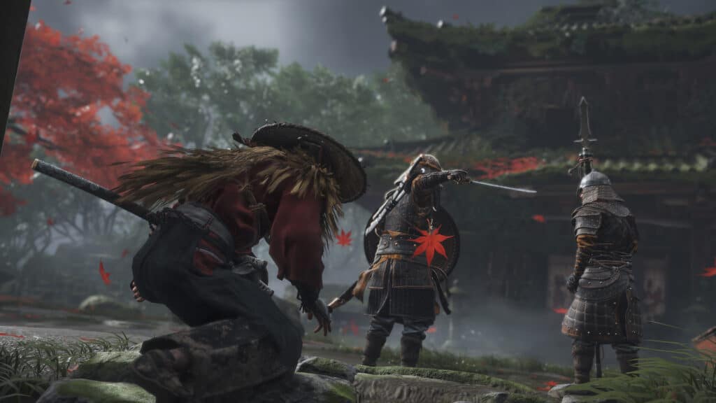 Ghost of Tsushima sneaking behind two enemies.