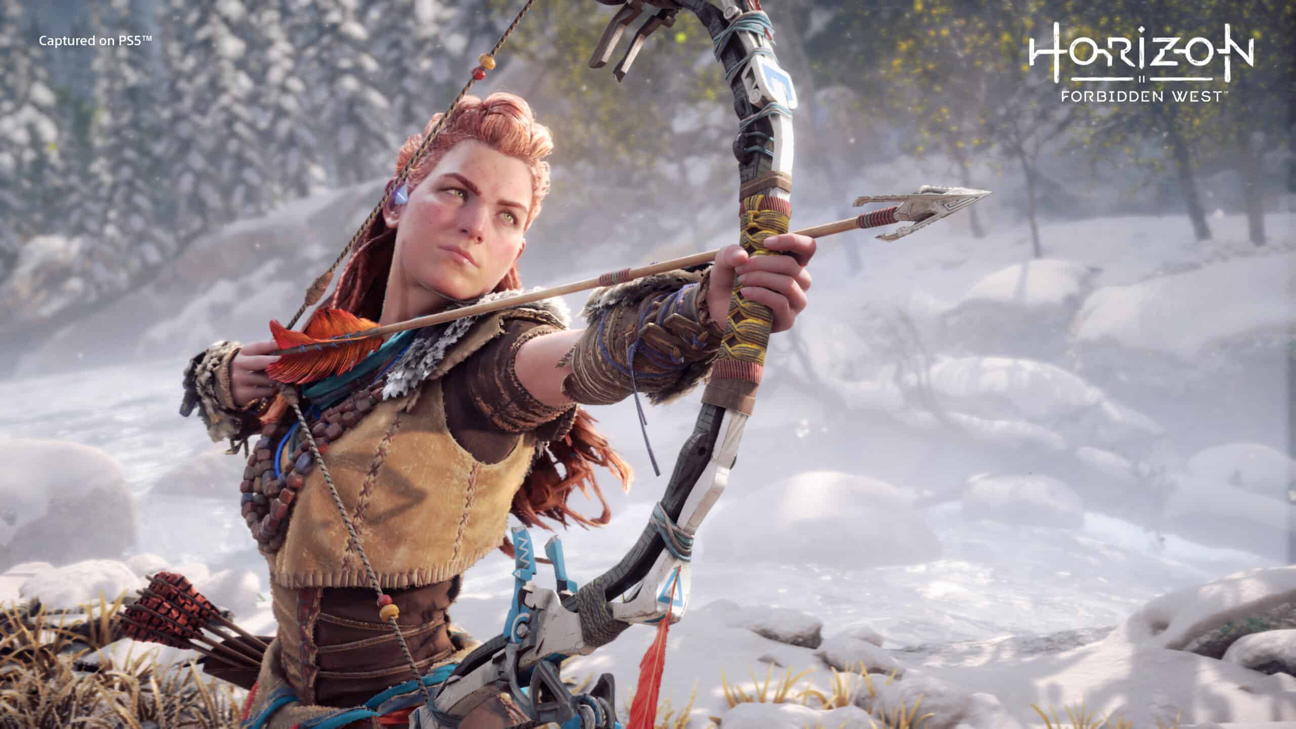 The main protagonist Aloy of Horizon series wielding a bow.