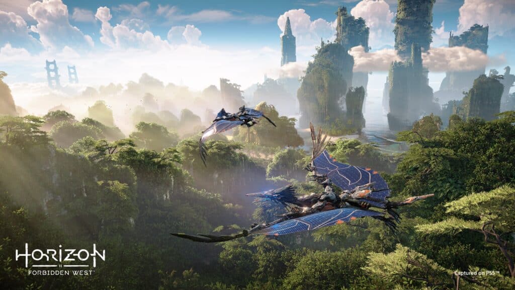 Flying above the lands of Horizon Forbidden West.