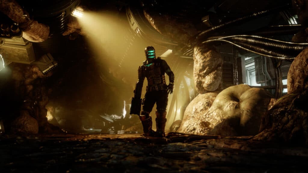 Isaac surrounded by corruption in a spaceship in Dead Space.