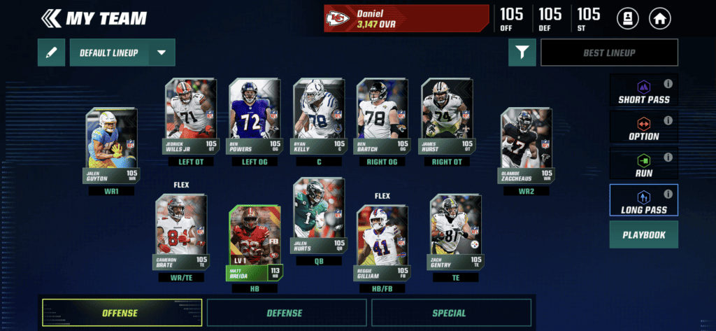 An in-game screenshot from Madden NFL Mobile's menus.