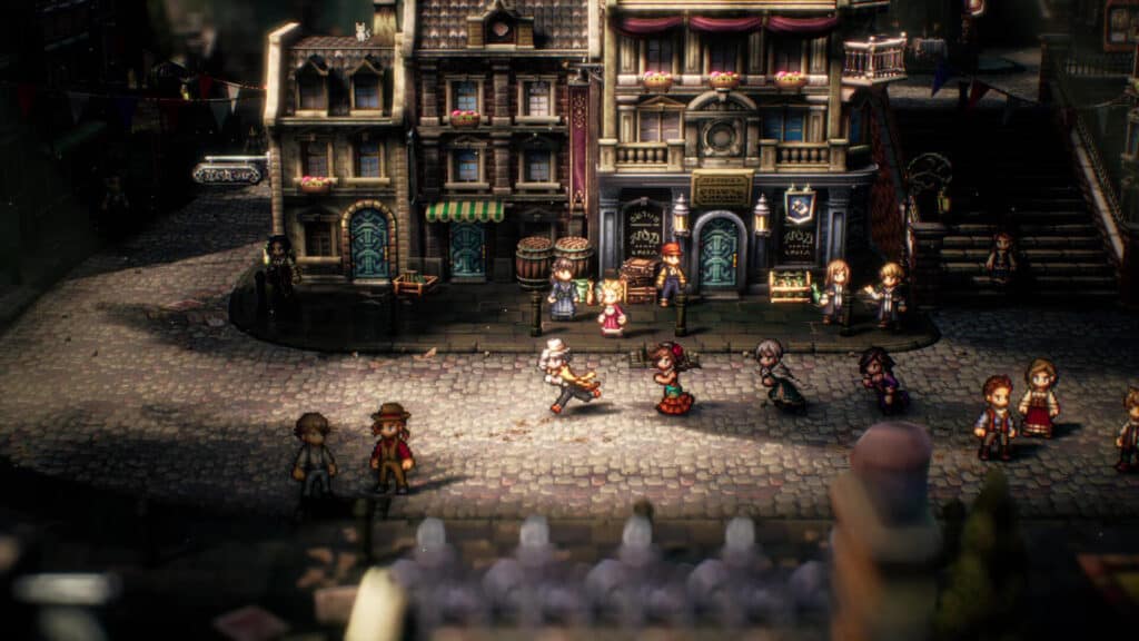 Characters on a street in Octopath Traveler II.