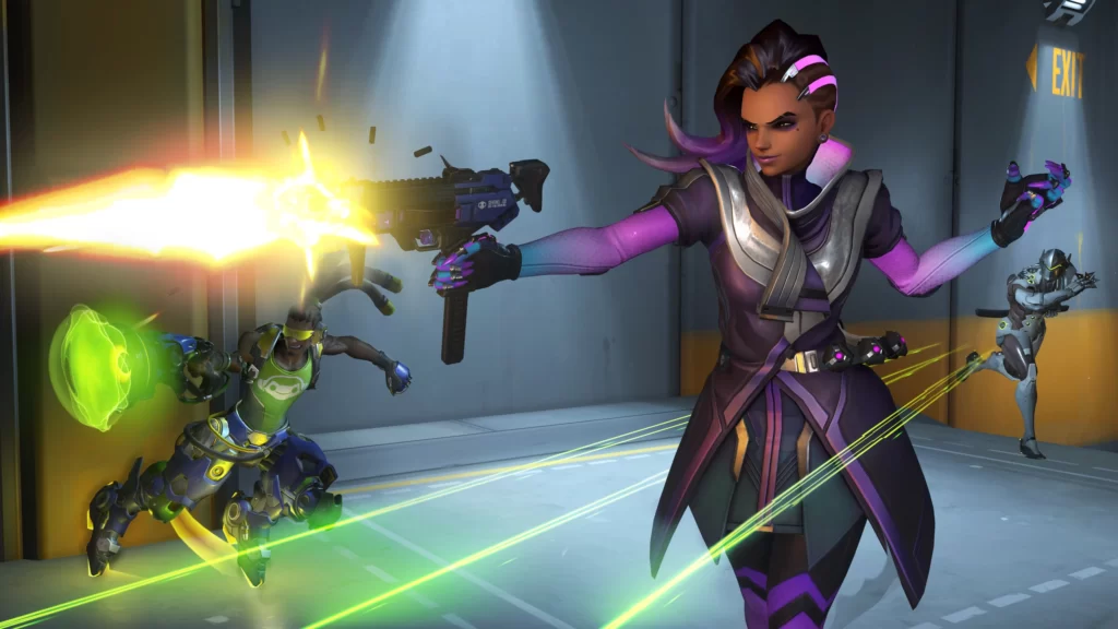 Sombra shooting in Overwatch 2.