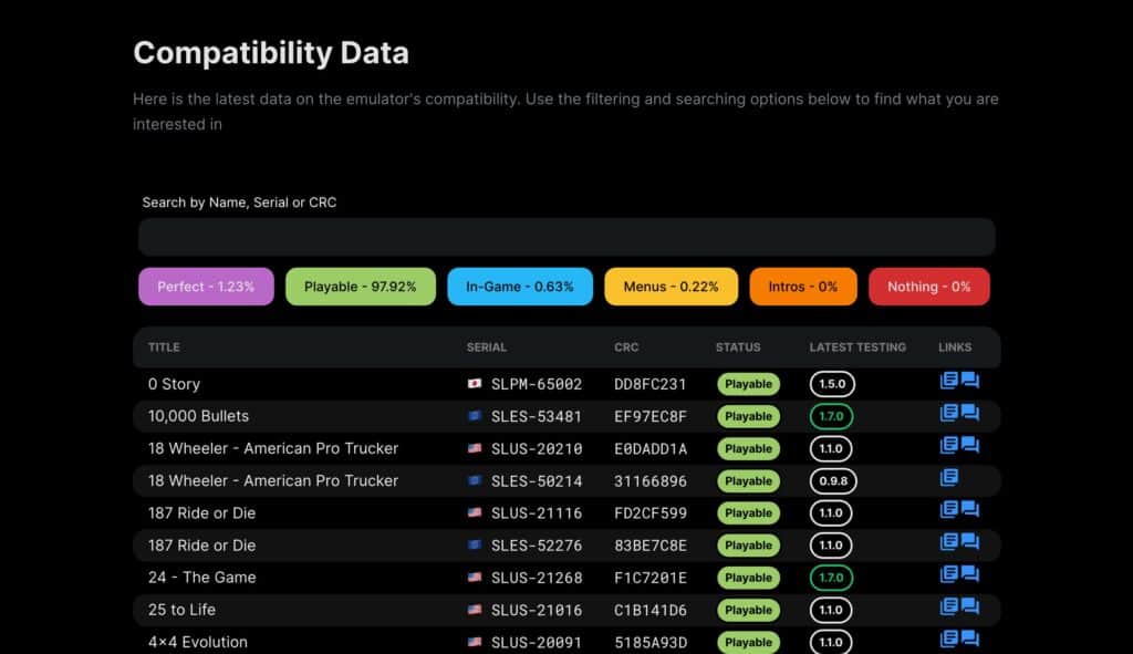 PCSX2 compatibility search screen.