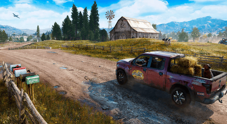 An individual driving a truck in Far Cry 5.