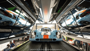 Race car in a garage showcased in the PlayStation 5 engine for Gran Turismo 7.