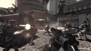 Multiple characters engage in a firefight inside Call of Duty: Ghosts.