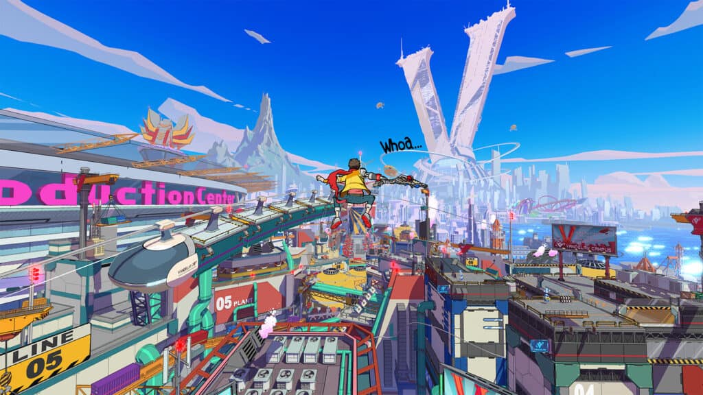 Character in Hi-Fi Rush flies through a colorful cityscape.