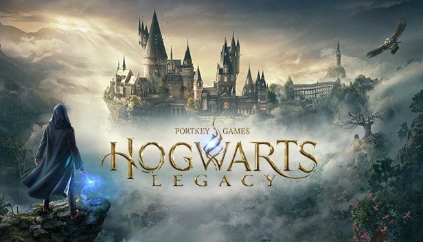 The Hogwarts Legacy title against a misty picture of the school.