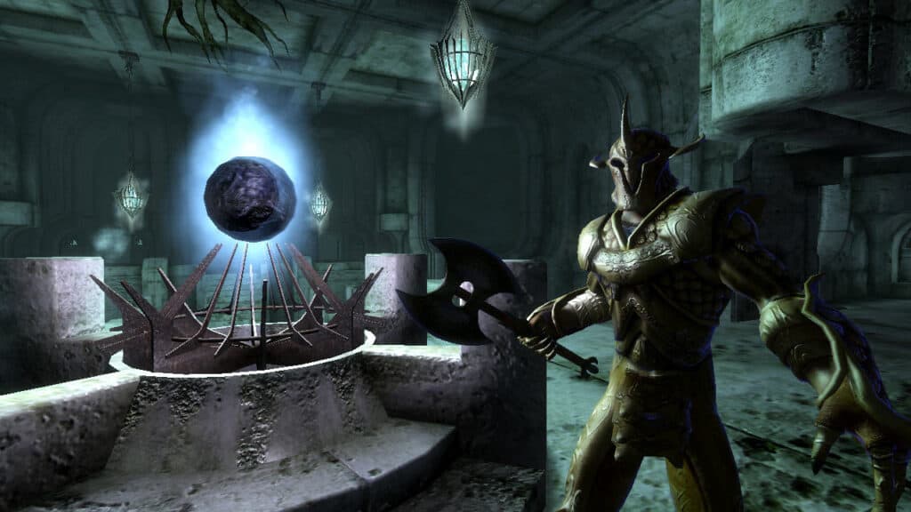 A knight and glowing orb in Oblivion.