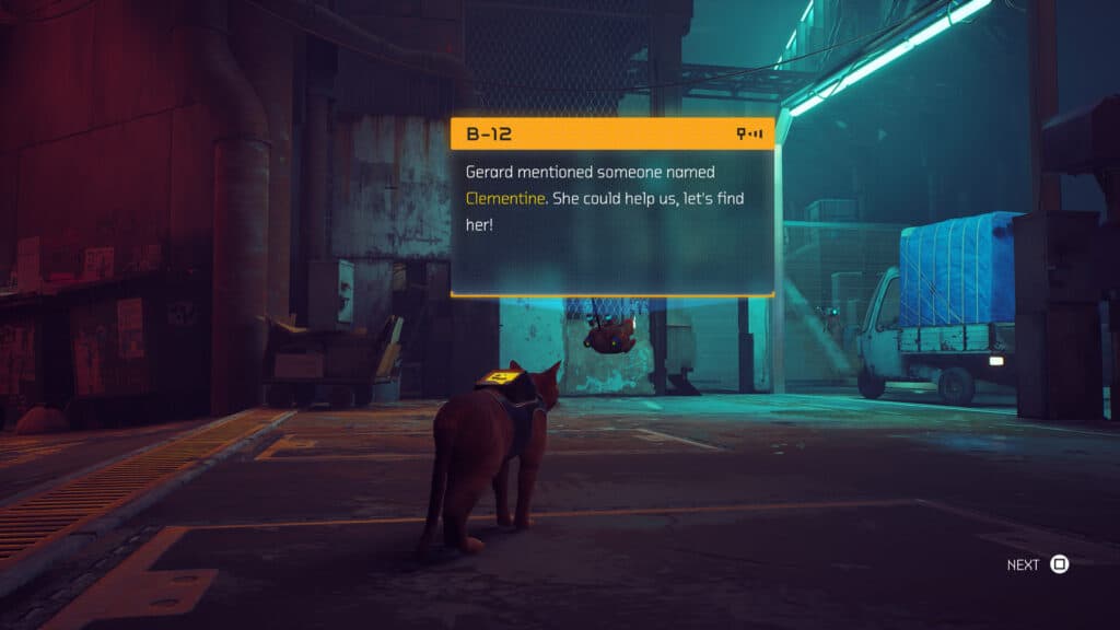A cat interacts with a dark city via text boxes in Stray.