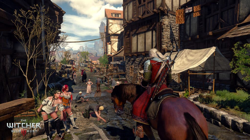 Geralt riding through a village in Witcher 3.