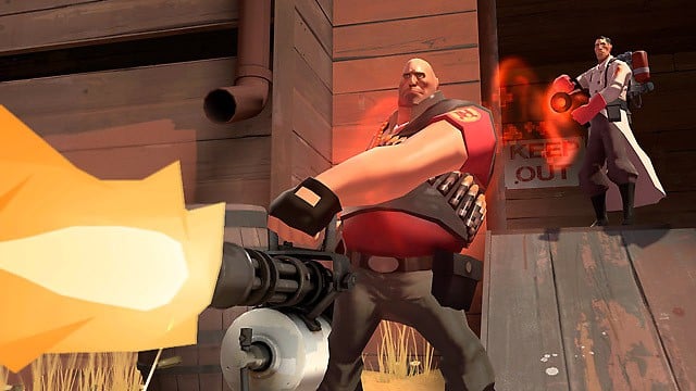 Two classes, Heavy and Medic, in Team Fortress 2.