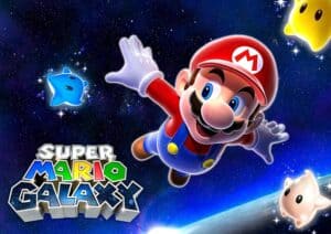 Promotional cover art with Mario flying through space.