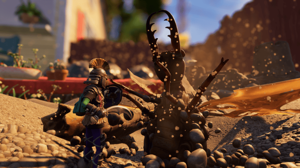 Players looks as an insect emerges from a sandbox in Grounded