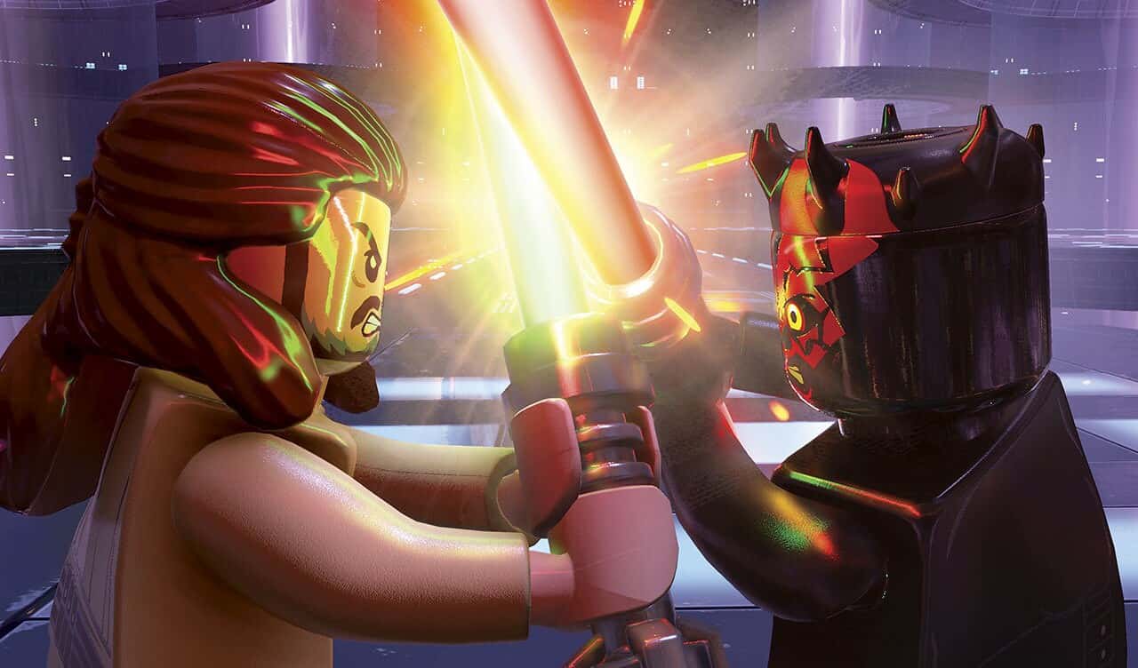 Qui-Gon Jinn and Darth Maul dueling in Lego Star Wars