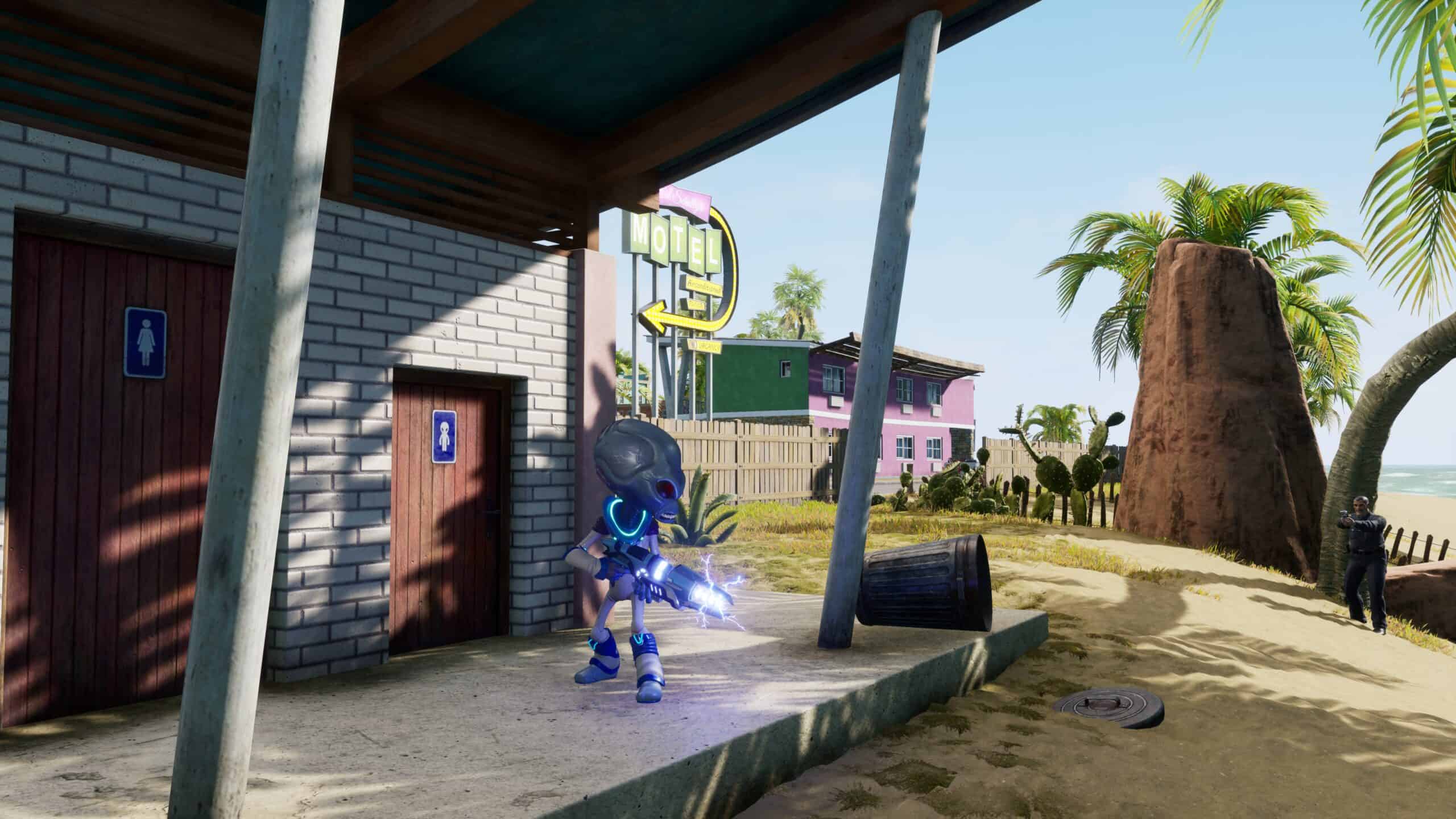 Alien Crypto sneaks around a restroom in Destroy All Humans!