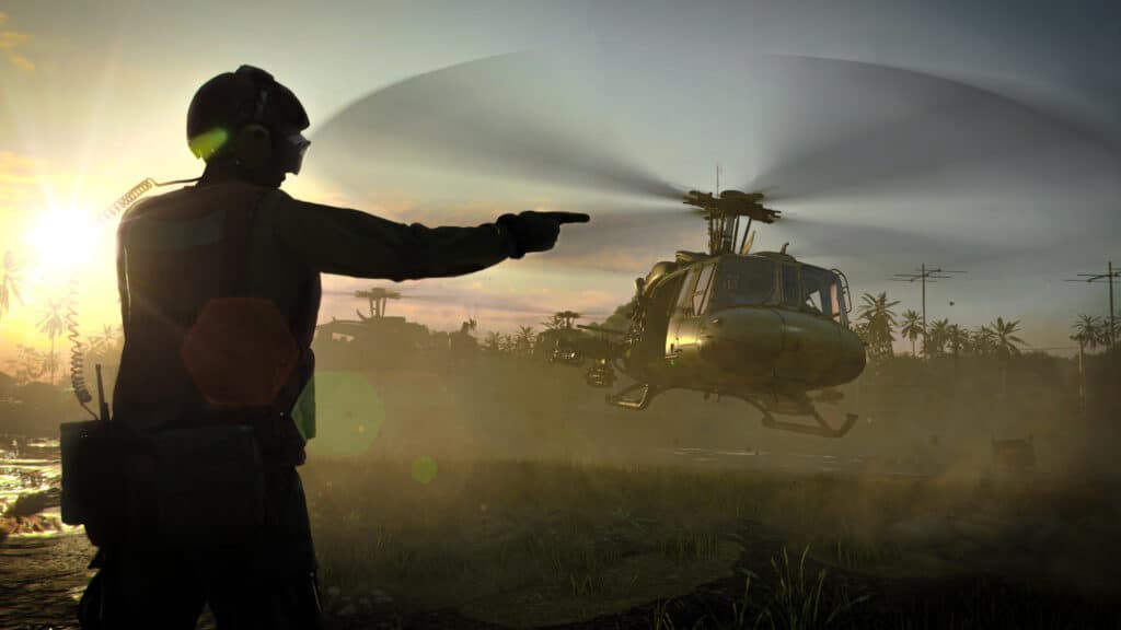 A helicopter lands on a battlefield in Black Ops Cold War.