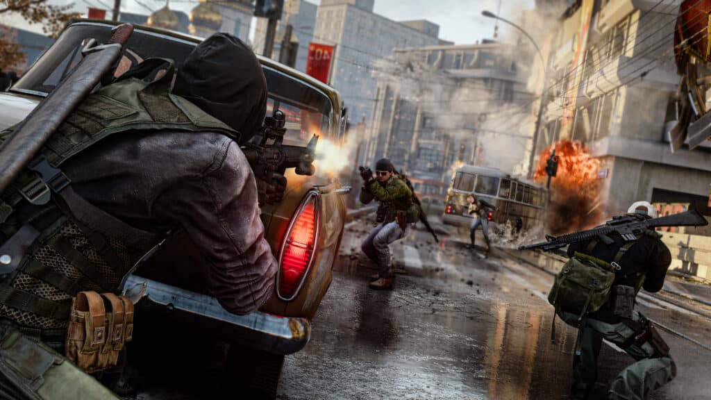 A firefight erupts on a city street in Black Ops Cold War.