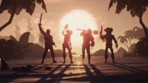 Four pirates standing before the sunset in Sea of Thieves