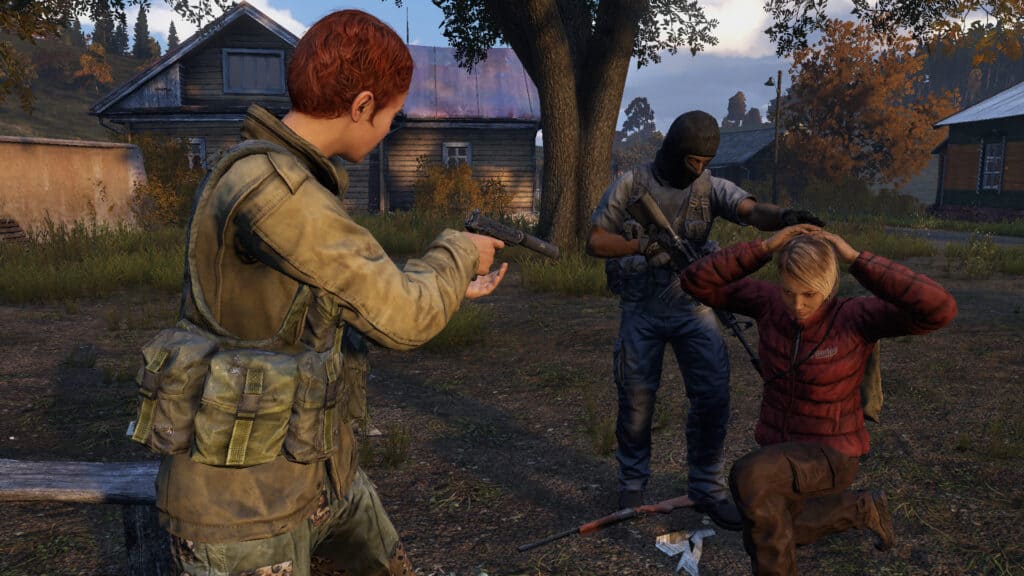 A pair of survivors in DayZ hold a hostage at gunpoint.