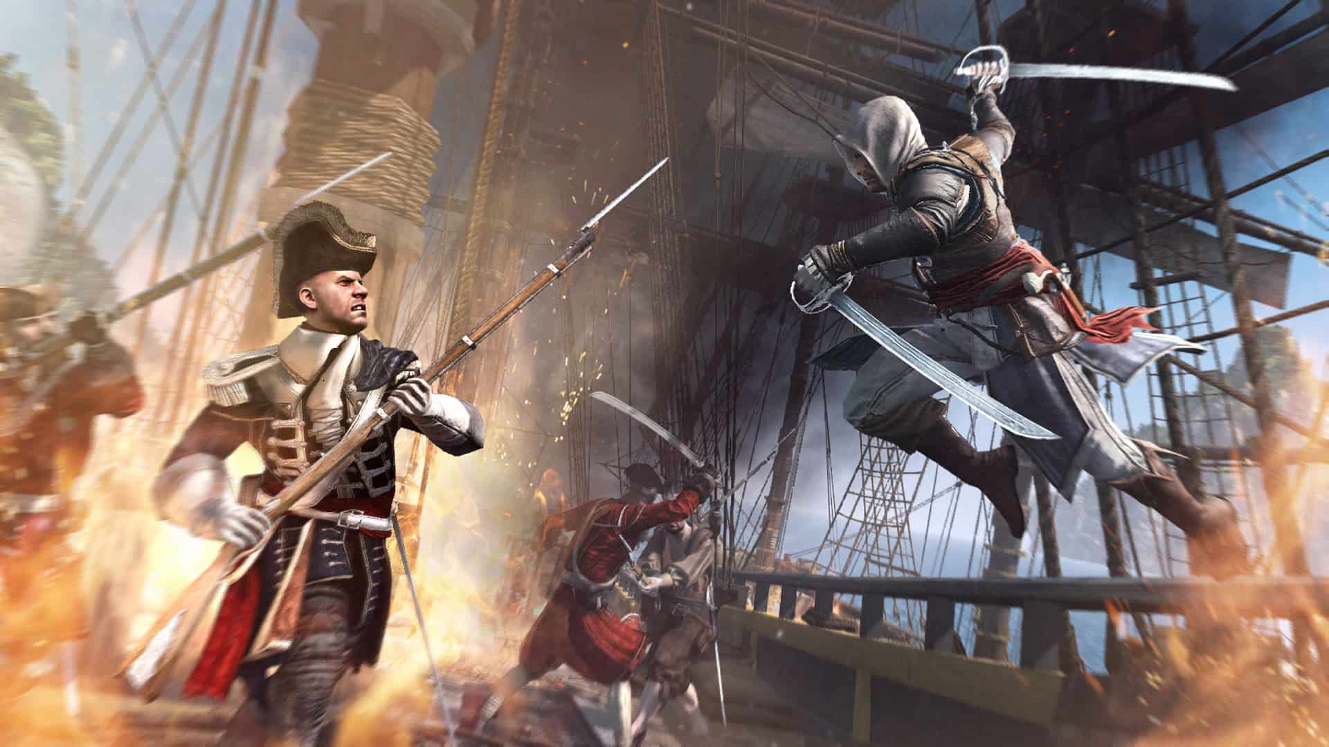 Edward Kenway fights British soldiers in Assassin's Creed IV: Black Flag.