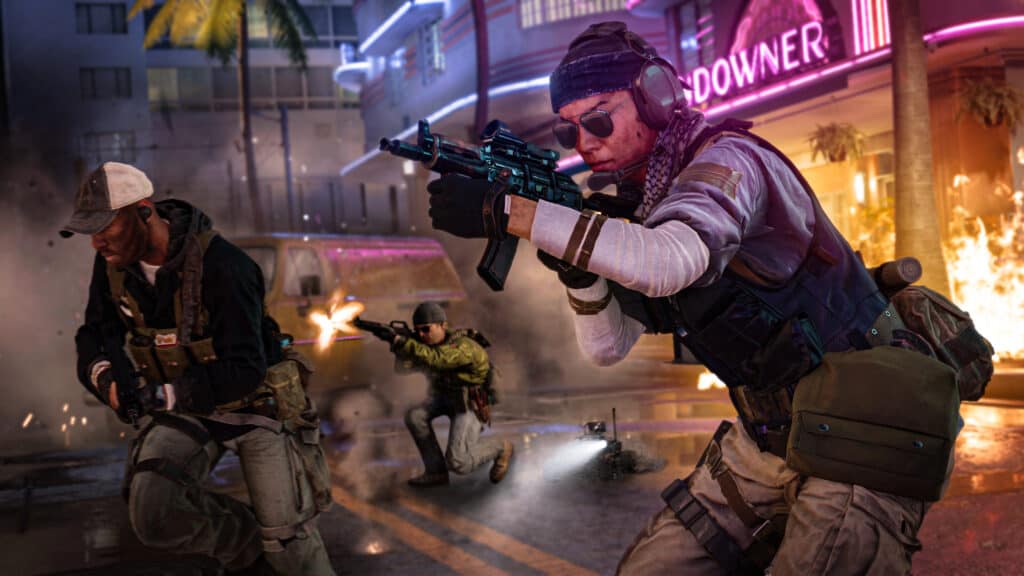 A squad forms up outside a nightclub in Black Ops Cold War