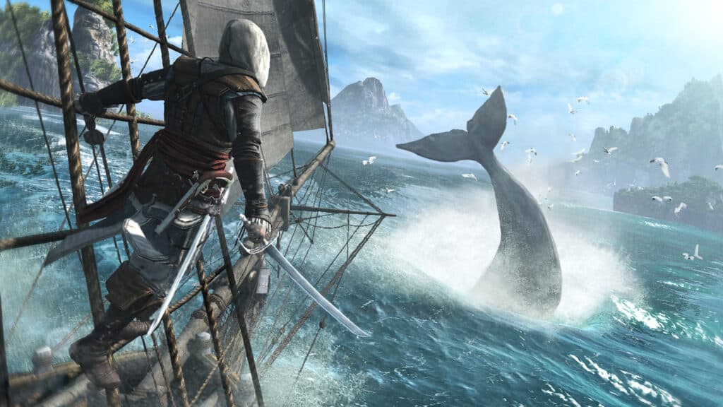 Edward Kenway spots a whale off the prow of his ship, the Jackdaw.