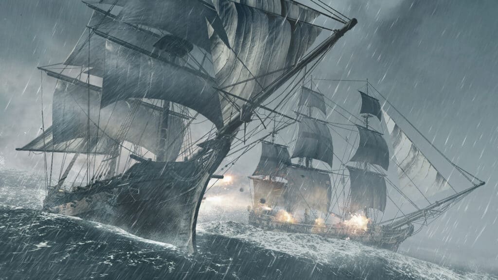 A pair of sailing ships do battle in the rain in Assassin's Creed IV: Black Flag.