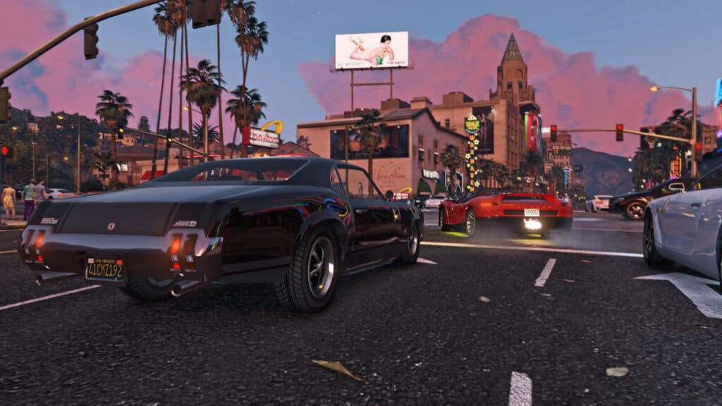 A car in Grand Theft Auto V stops at a crosswalk.