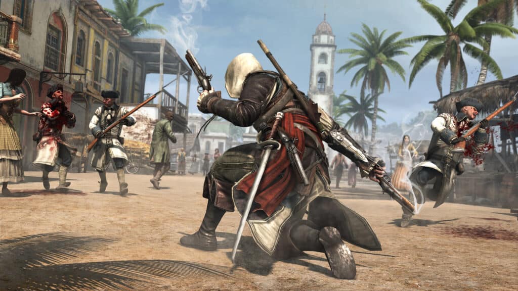 Two soldiers assassinated by Edward Kenway in Assassin's Creed IV: Black Flag.