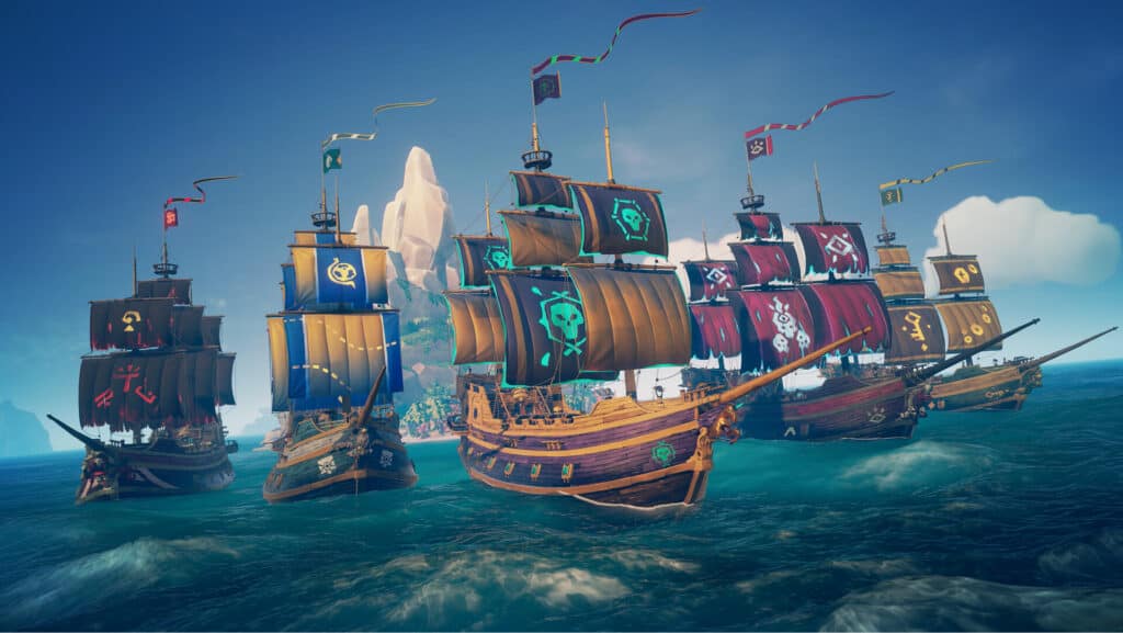 An armada of galleons in Sea of Thieves