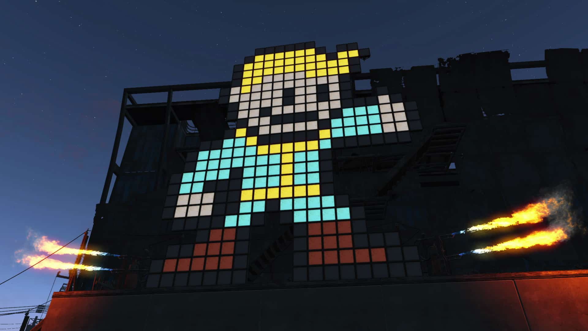 Fallout 4's Vault Boy mascot depicted by in-game colored screens