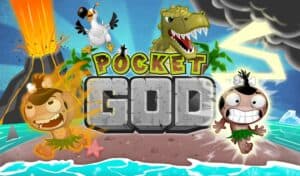 Promotional art cover for Pocket God featuring pymgys and the island.